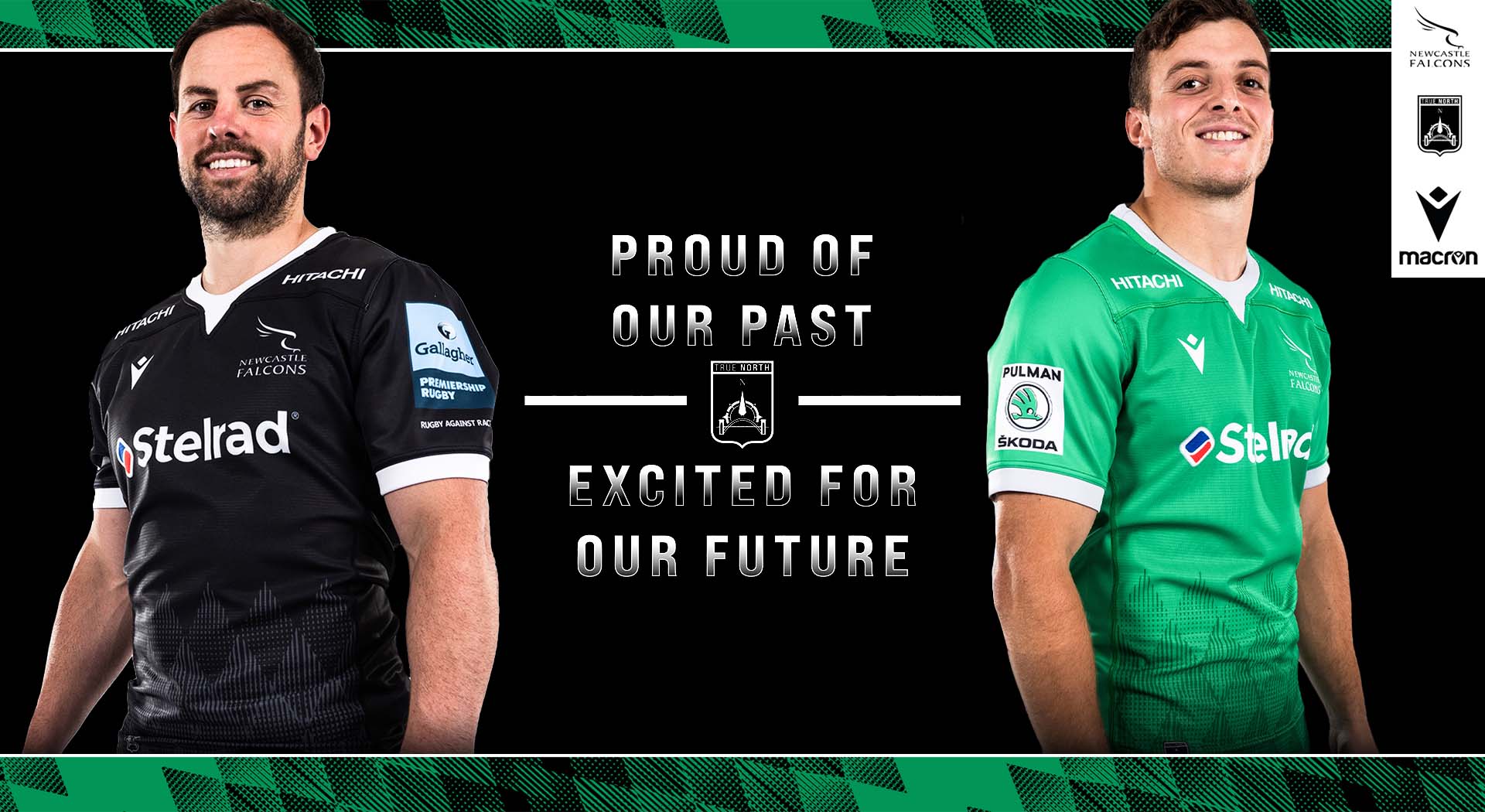 Total black, green and geometric textures  for the new shirts of the Newcastle Falcons 